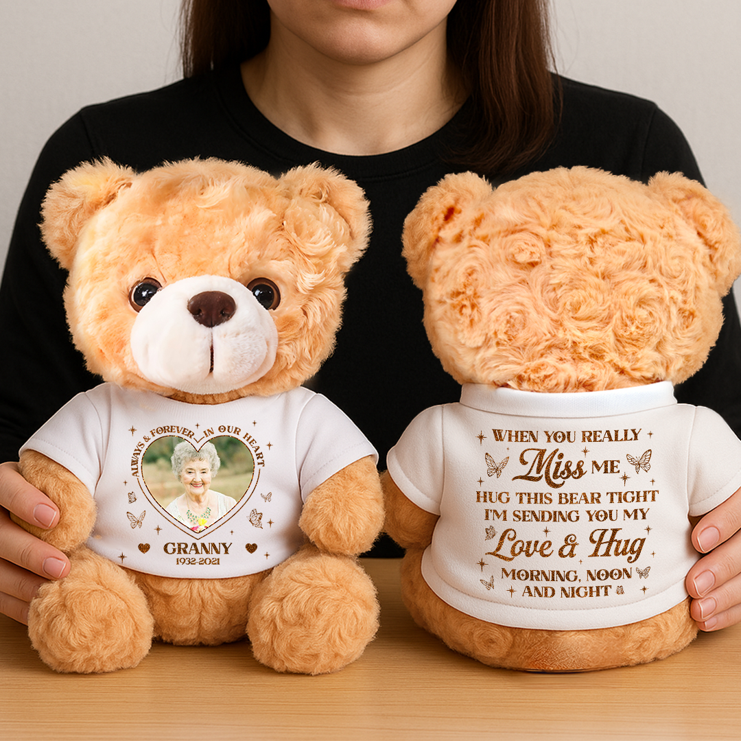 Personalized teddy bear plush with "Always and Forever in Our Hearts" message.