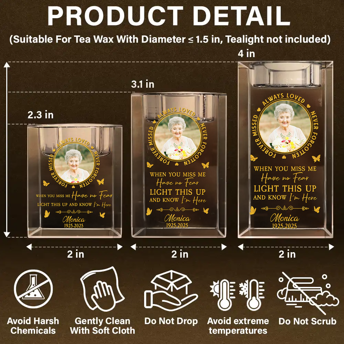 Personalized crystal candle holder with "Always Loved, Never Forgotten" engraving.