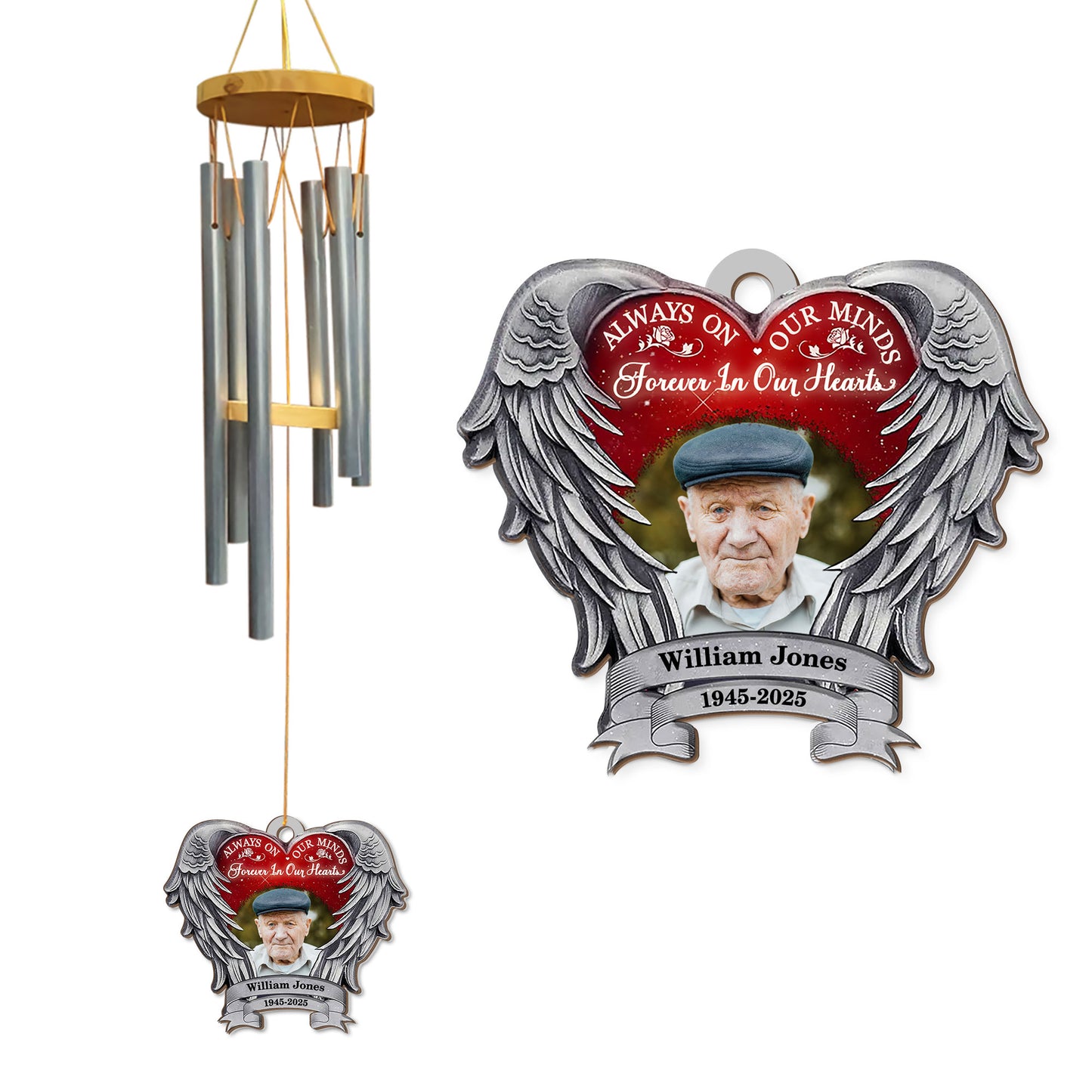 Personalized memorial wind chime with custom suncatcher, "Always on our Minds", softly glimmers in the sunlight.