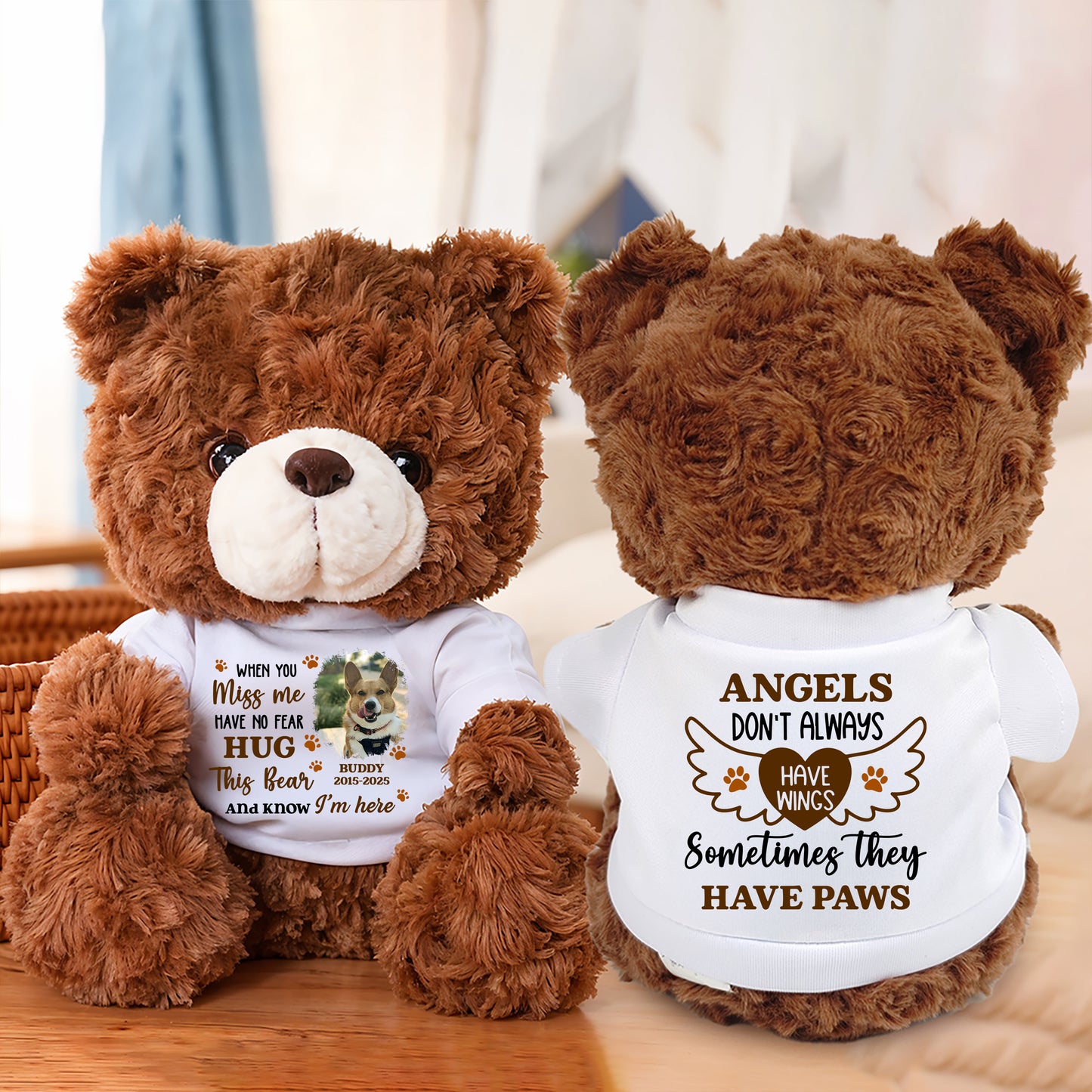 Personalized memorial teddy bear with "Angels Don't Always Have Wings" message. A comforting keepsake.