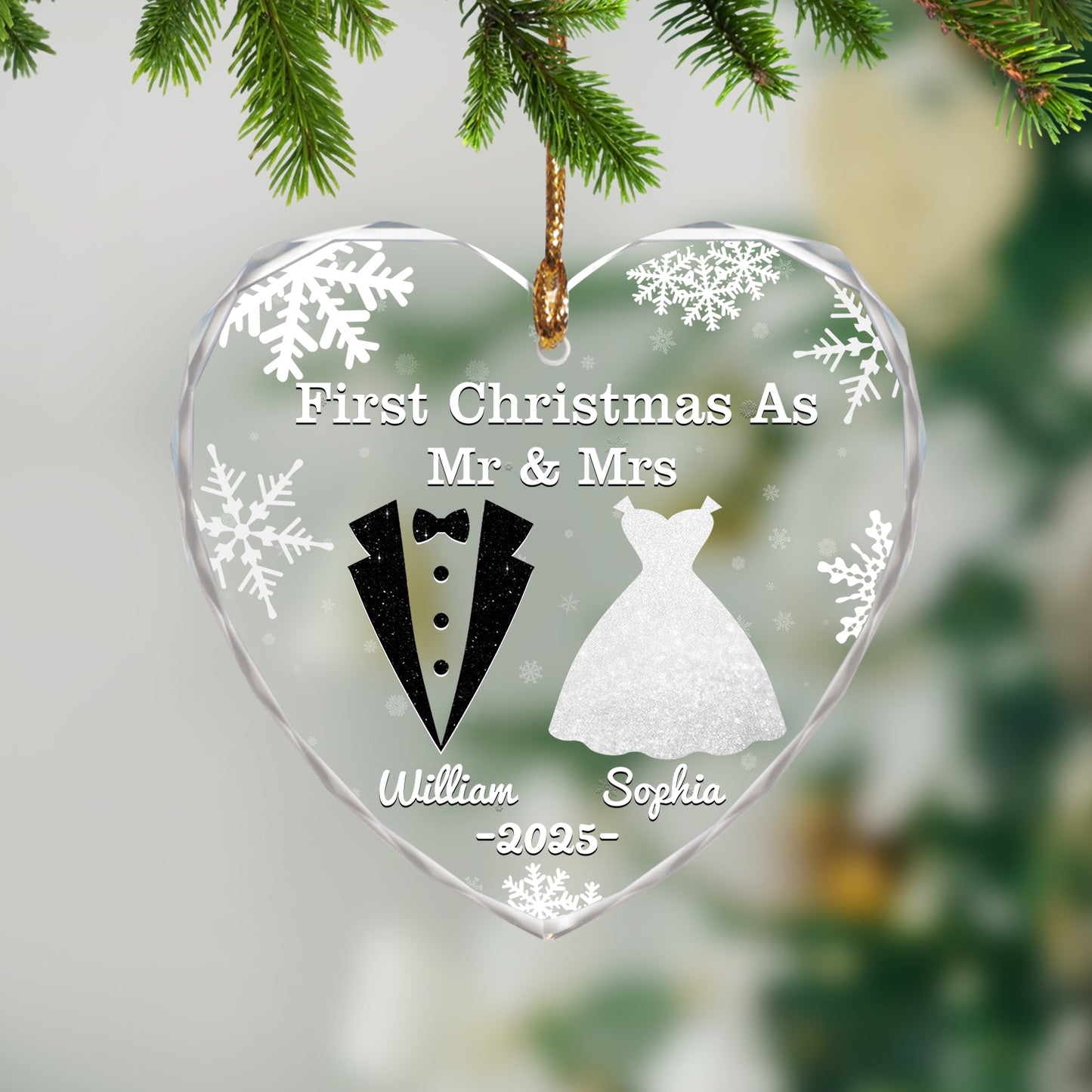 Personalized glass ornament for anniversary, Christmas, or wedding gifts.