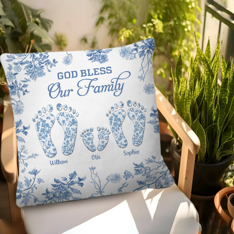 Personalized family of four footprints pillow, custom toile design.