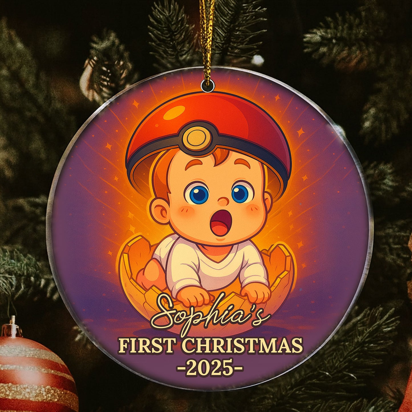 Baby's First Christmas personalized acrylic ornament with custom name and year.
