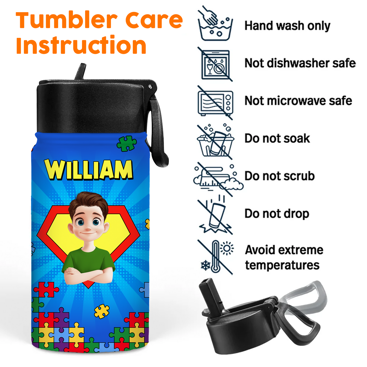Personalized kids water bottle with straw lid. Stainless steel back-to-school cup with name.