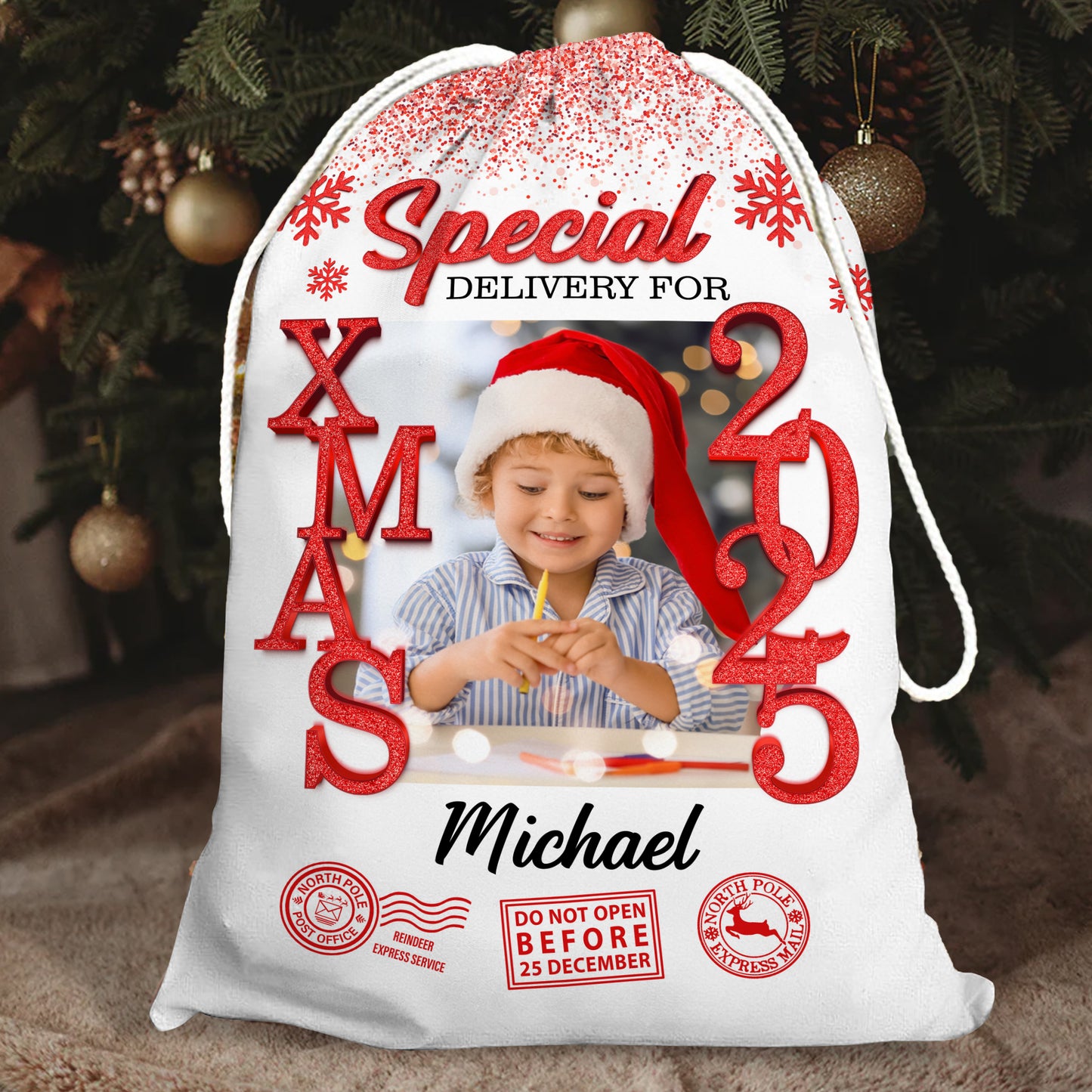 Custom Photo Christmas 2025 Bag, a personalized Christmas sack, perfect family gift for the 2025 holidays.