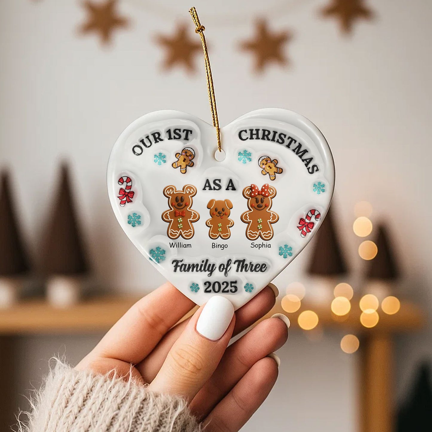 Personalized heart ceramic ornament with custom family cookies design, a unique Christmas gift.