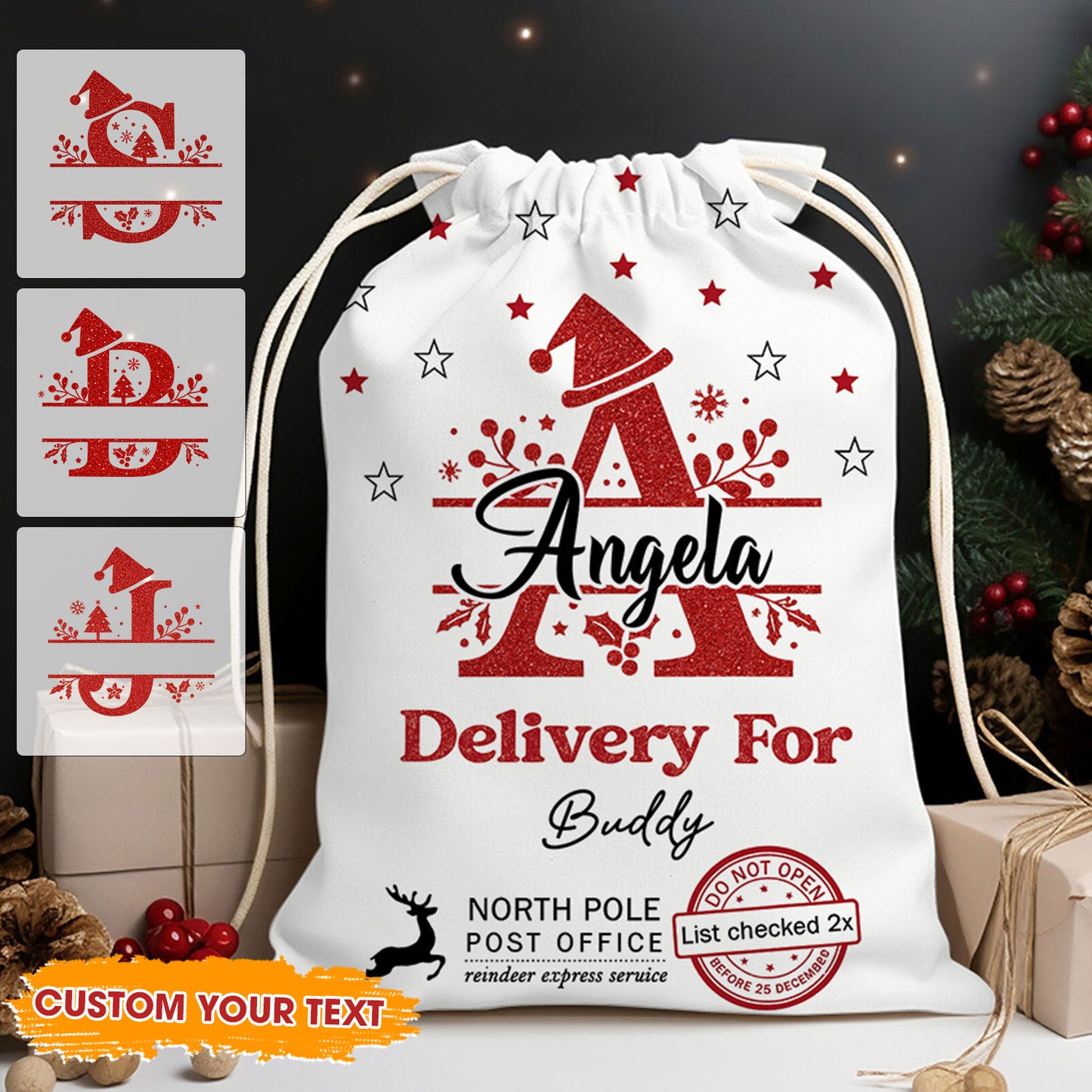 Custom photo Christmas letter bag, a personalized sack for family gifts this holiday season.