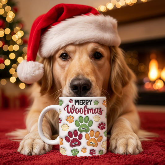 Personalized Christmas Paws Mug: Custom coffee mug with 3D paw print effect.
