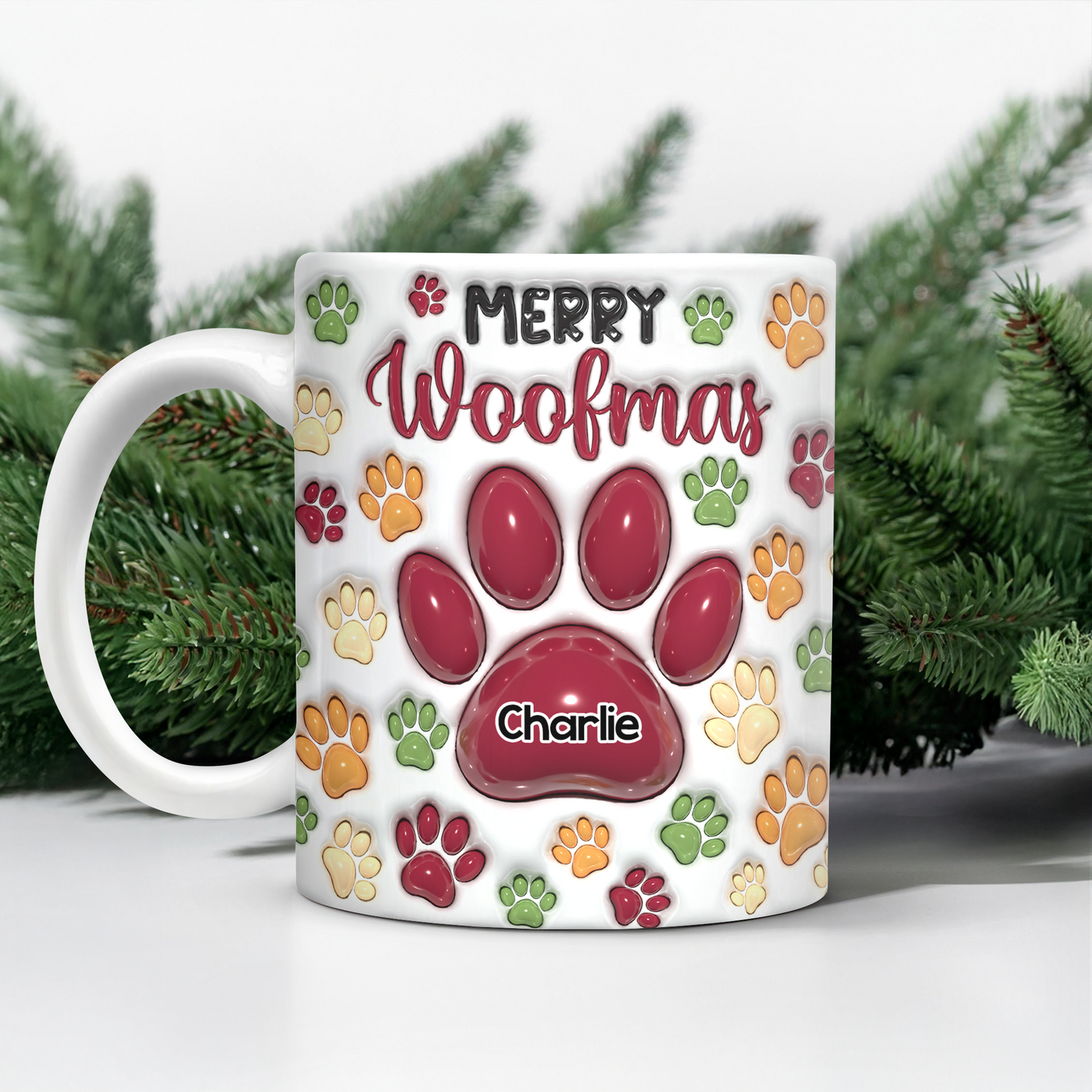 Personalized Christmas Paws Mug: Custom coffee mug with 3D paw print effect.