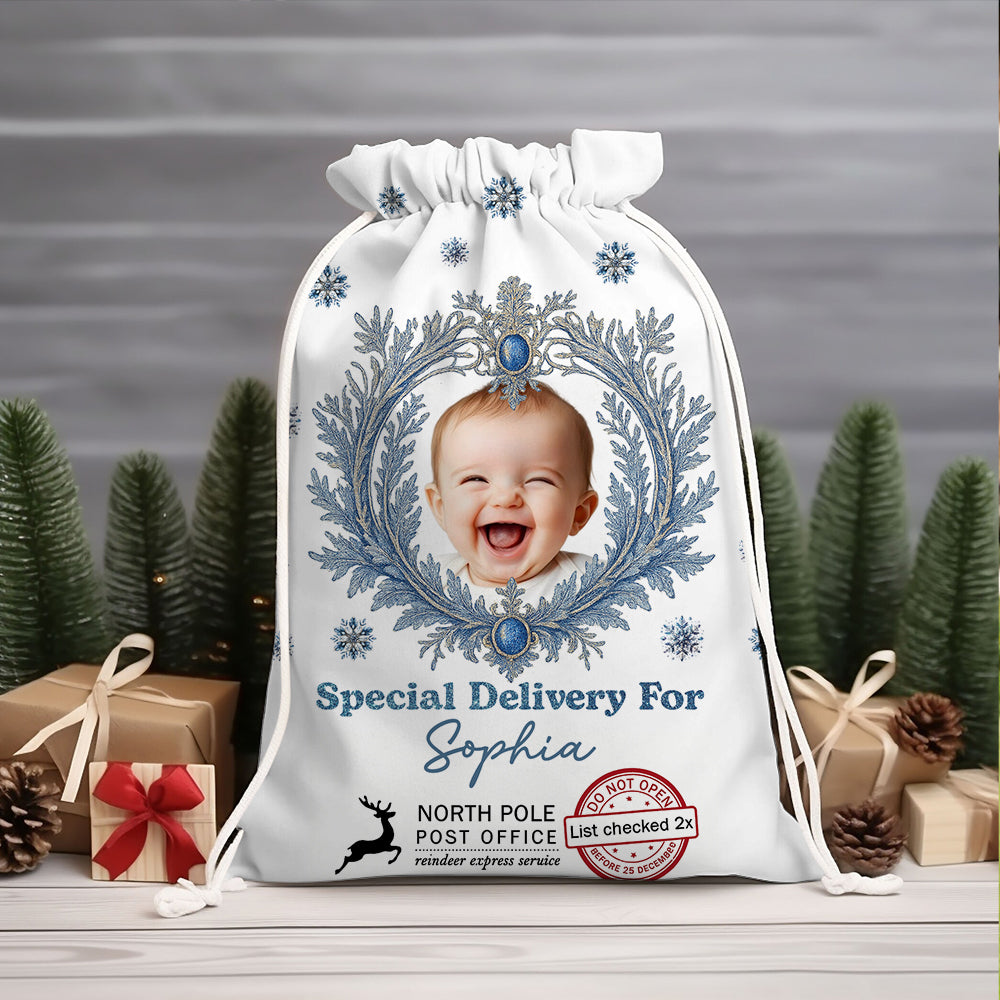 Custom photo Christmas sack with snowy design - personalized family gift.