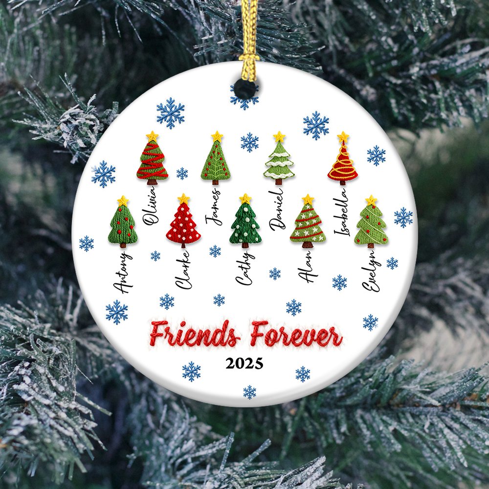 Personalized Christmas tree family crochet ornament, custom 3D ceramic decoration.