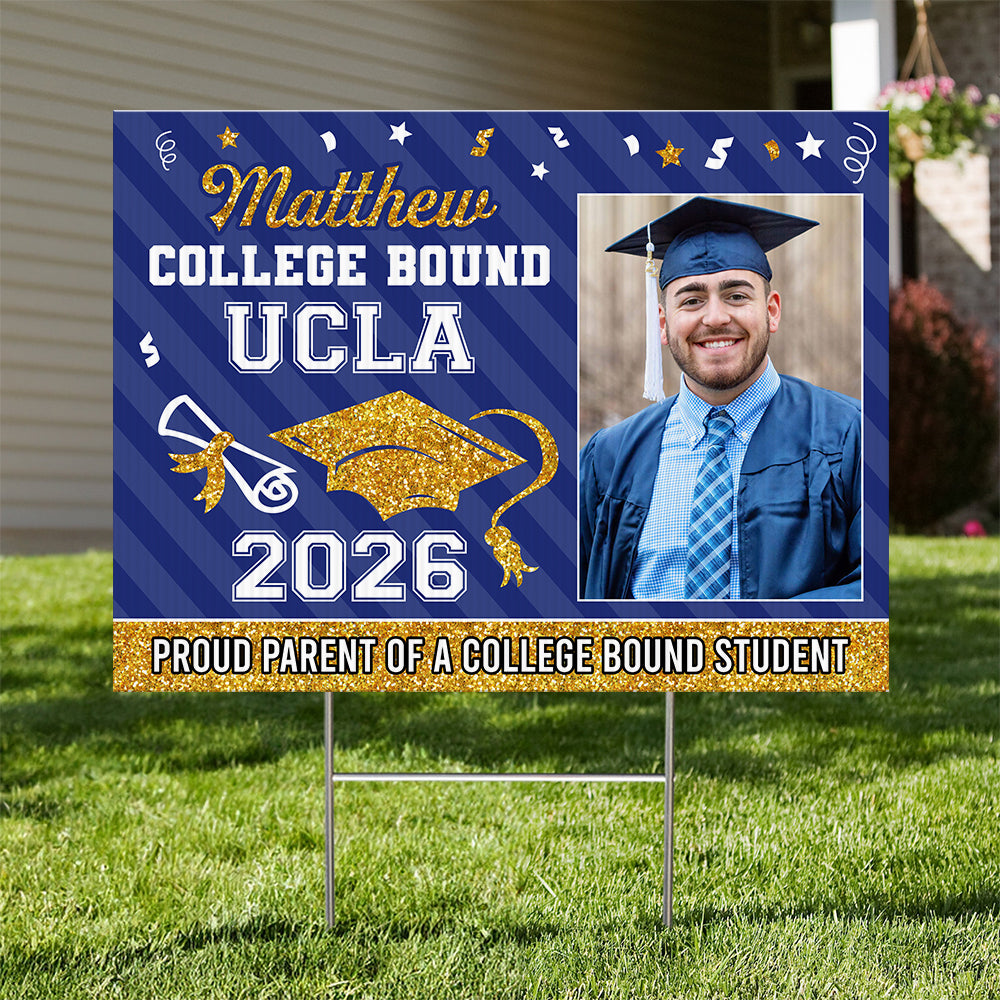 Personalized "College Bound 2026" lawn sign, a unique graduation yarn sign gift with stake, perfect for celebrating graduation.