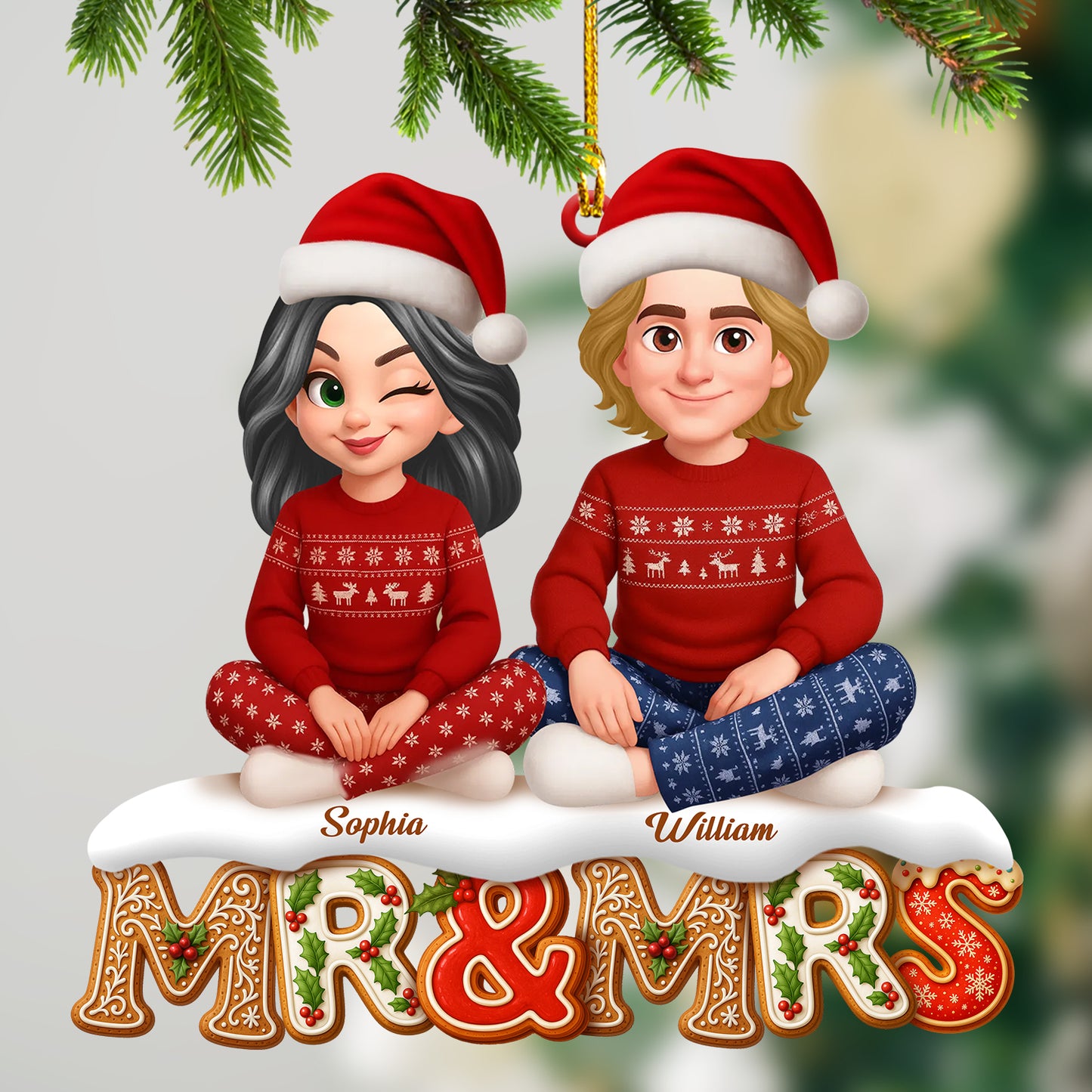 Custom shaped couple Christmas cookies wood ornament, 2-layered.