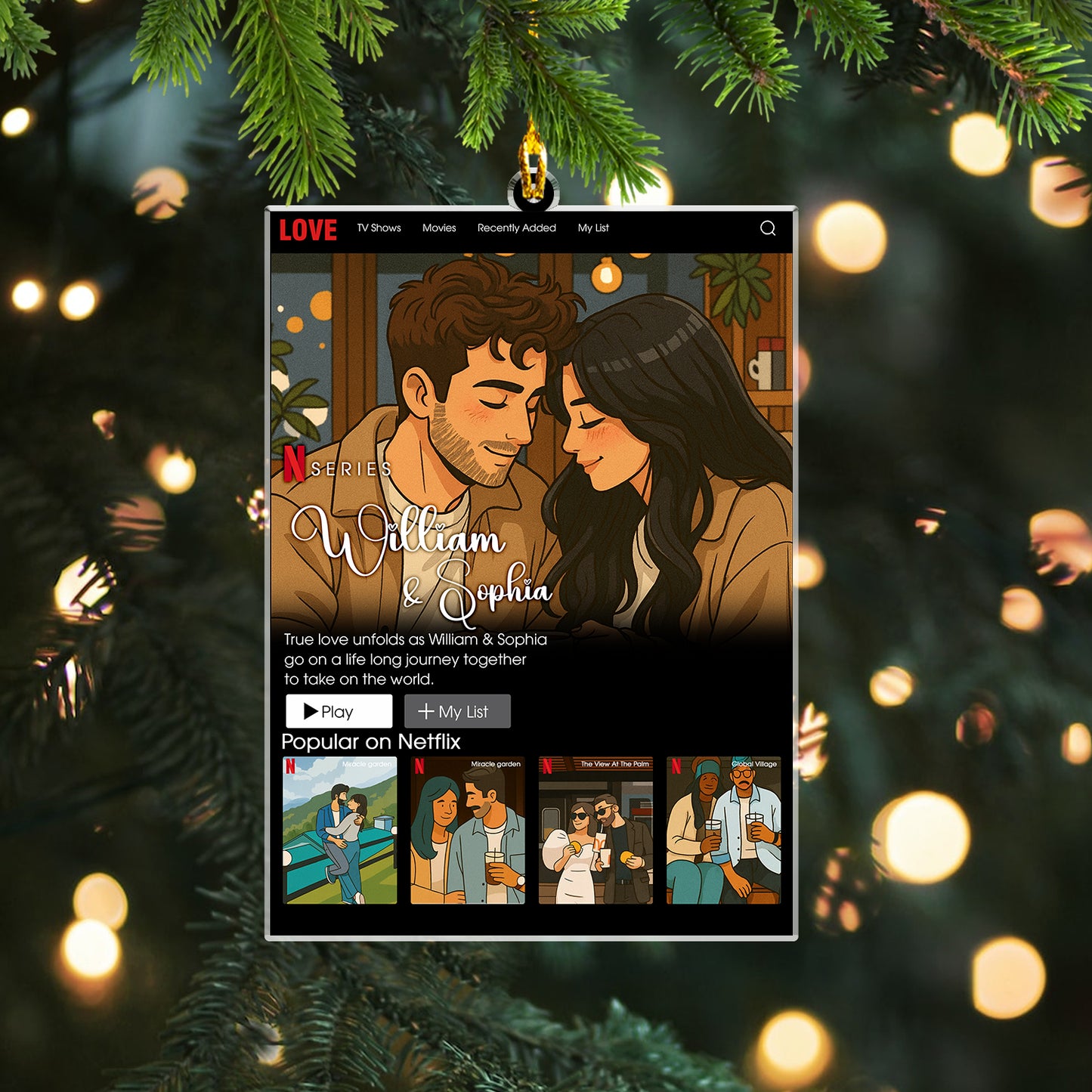 Personalized acrylic couple frame ornament, showcasing a loving couple's photo.