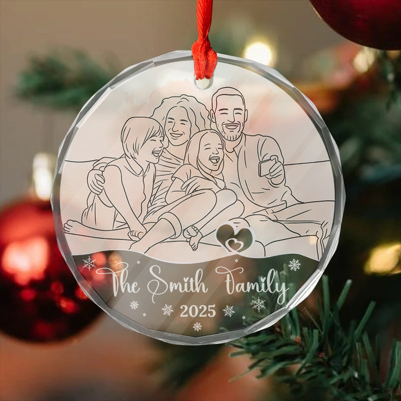 Custom family line drawing on a glass ornament, a unique personalized Christmas gift.