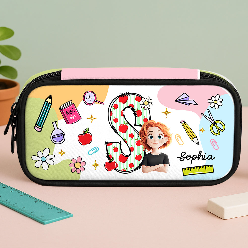 Colorful personalized pencil case with custom name.