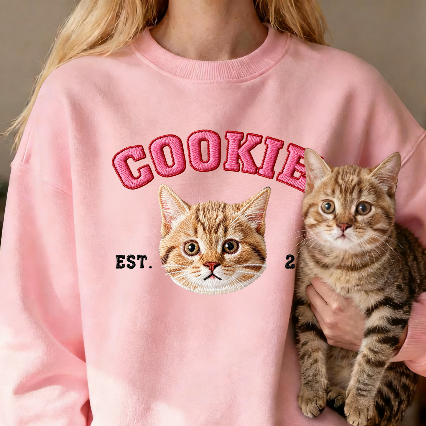 Custom pet photo embroidered crewneck sweatshirt.