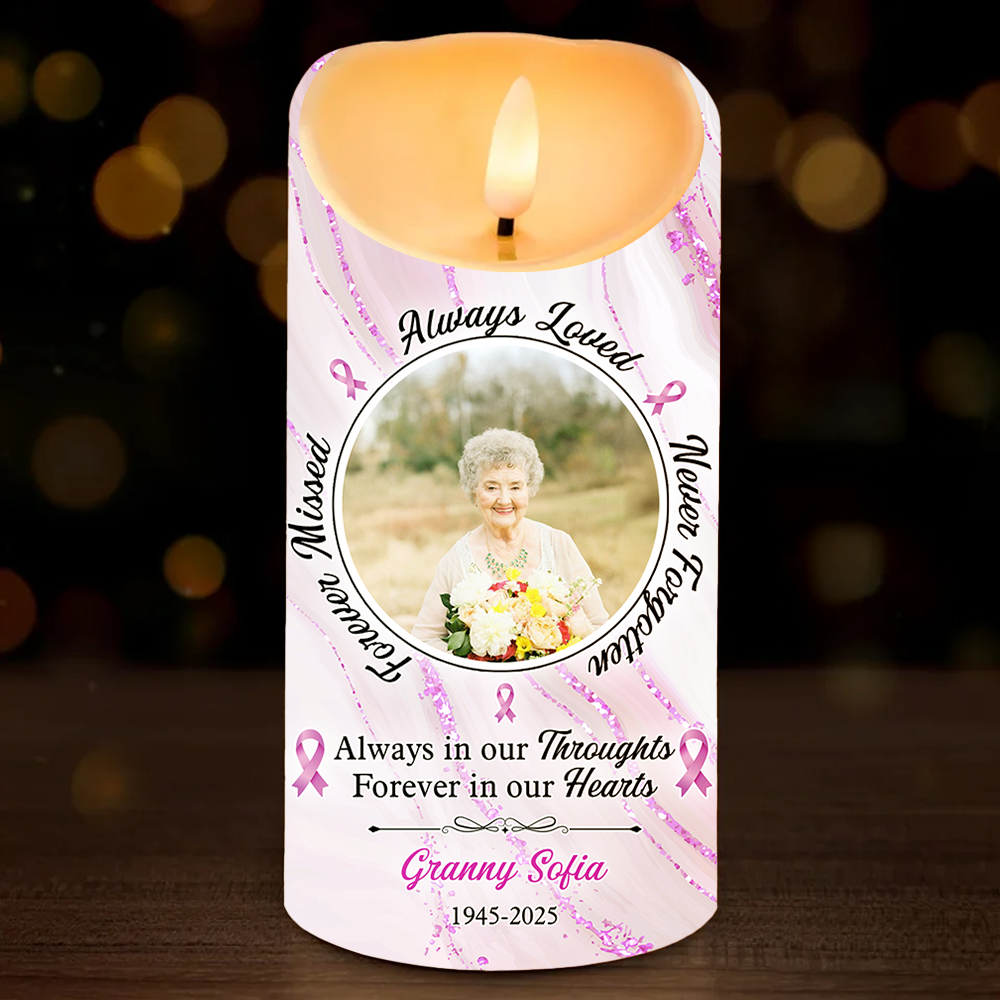Personalized photo LED candle, "Always in Our Thoughts," showcasing a custom memorial gift.