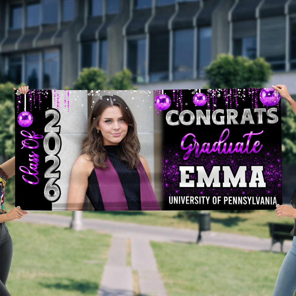 Custom Photo Congrats 2026 Graduate Disco Style Personalized Banner - Graduation Decor