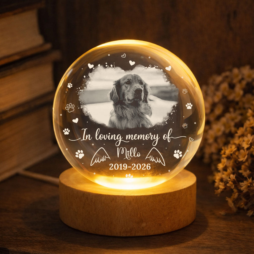 Personalized crystal globe lamp with custom photo of forever loved dog or cat.
