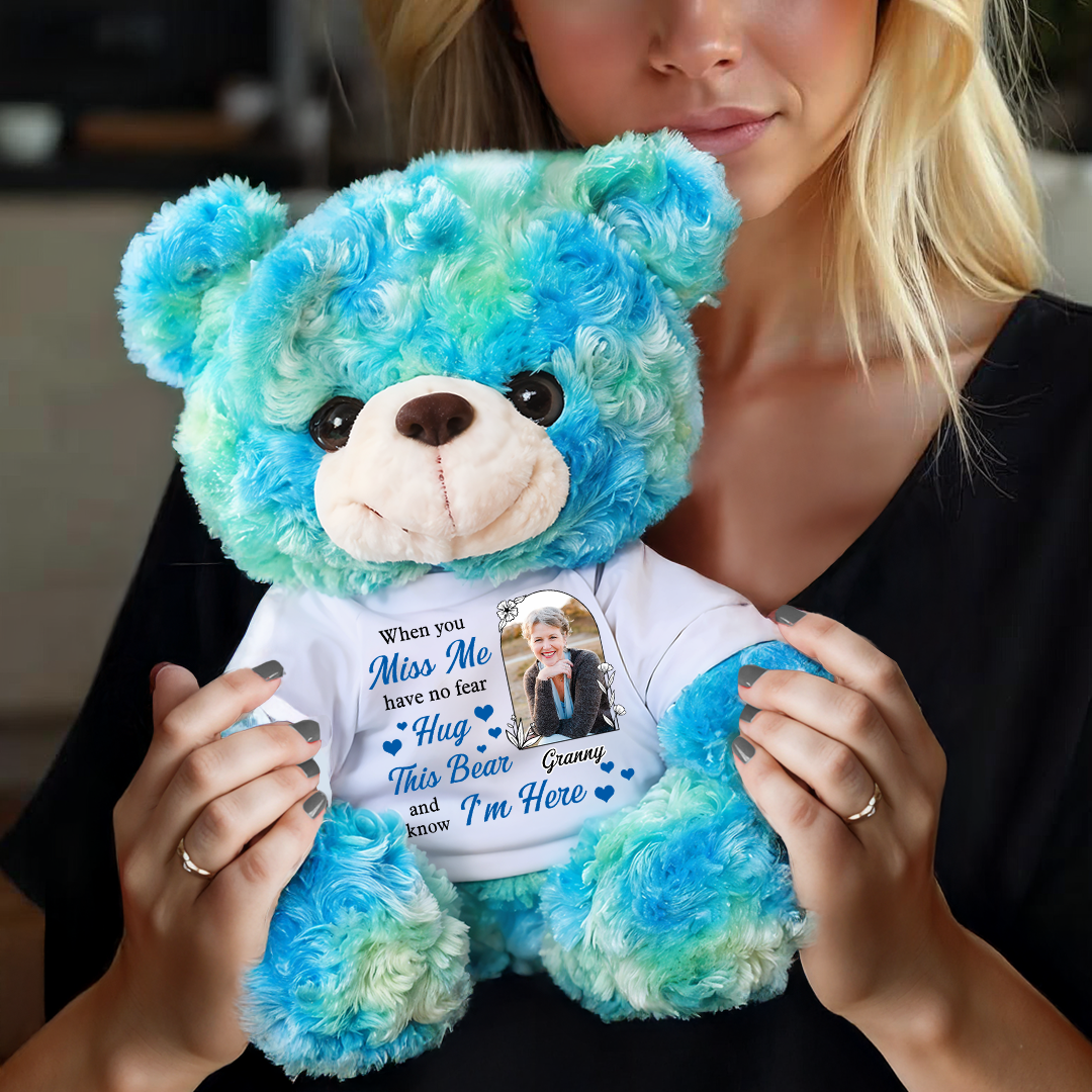 Custom photo memorial teddy bear, a personalized sympathy gift.