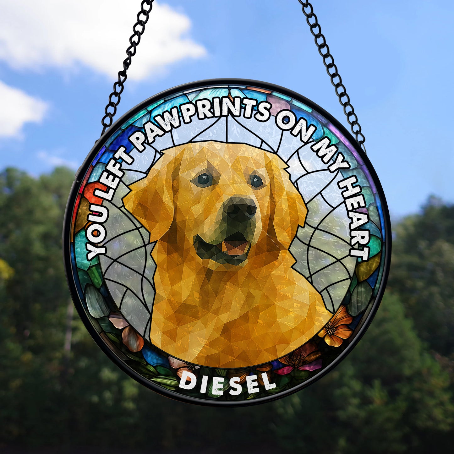 Custom photo stained glass suncatcher with a dog portrait, personalized memorial gift.