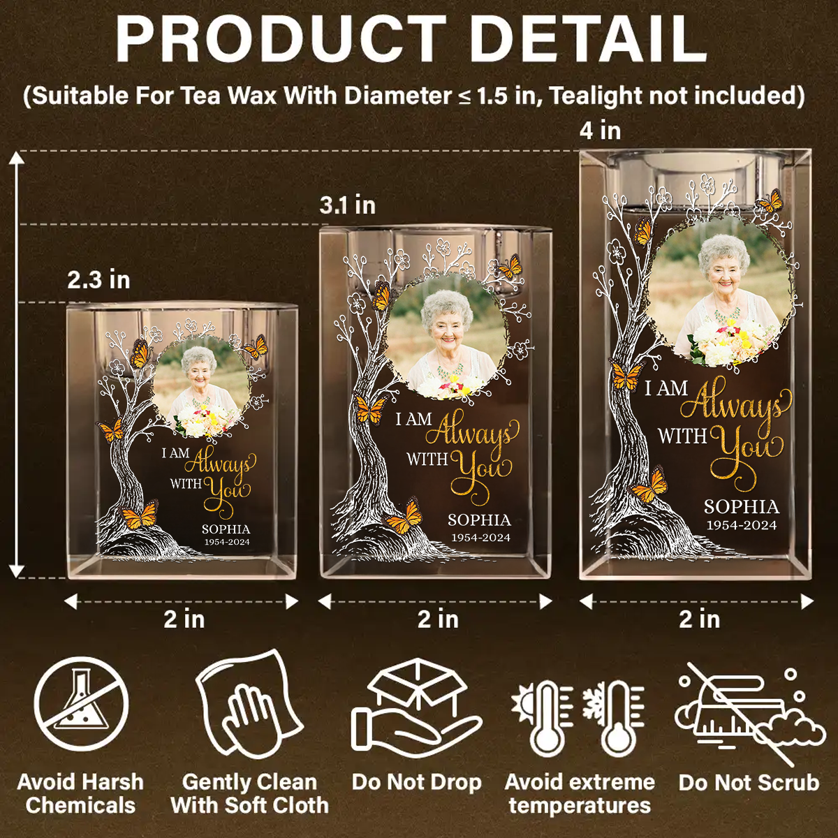 Personalized crystal candle holder memorial with custom photo and "Your life was a blessing" engraving.