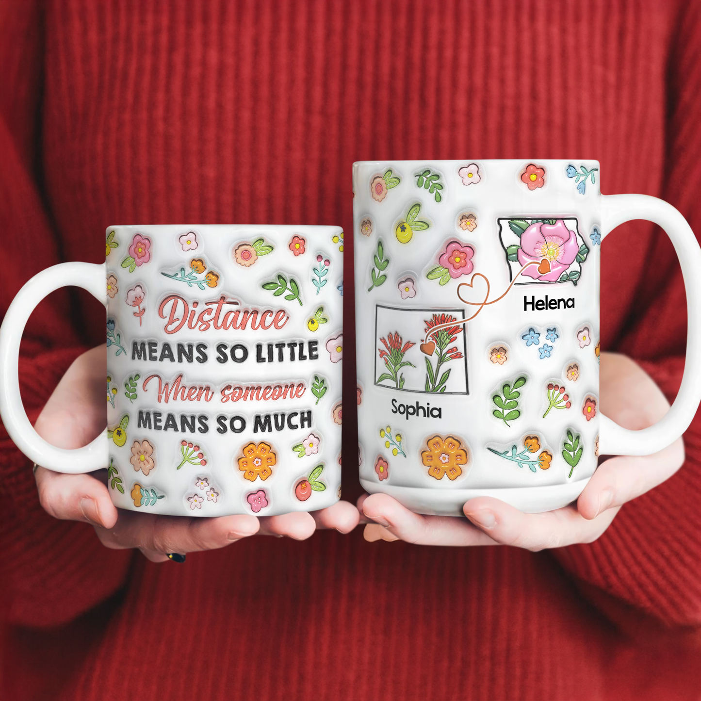 Distance Means So Little Personalized Coffee Mug with a 3D effect design.