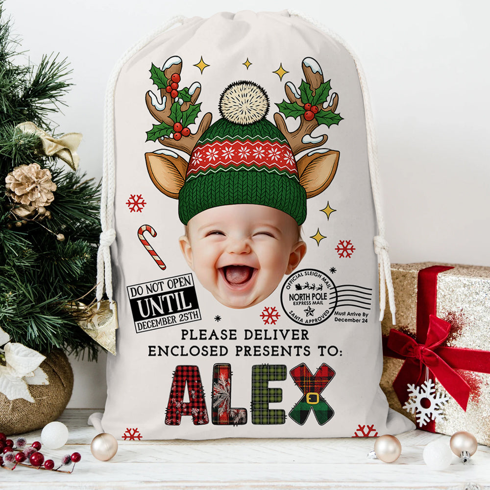 Doodle Alphabet Christmas Bag, personalized sack for family gifts.