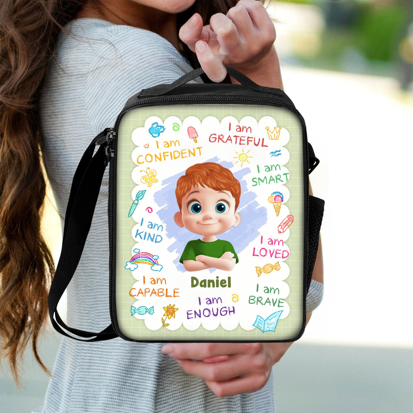 Personalized "Enjoy Your Lunch" kids lunch bag for back to school, featuring custom name.