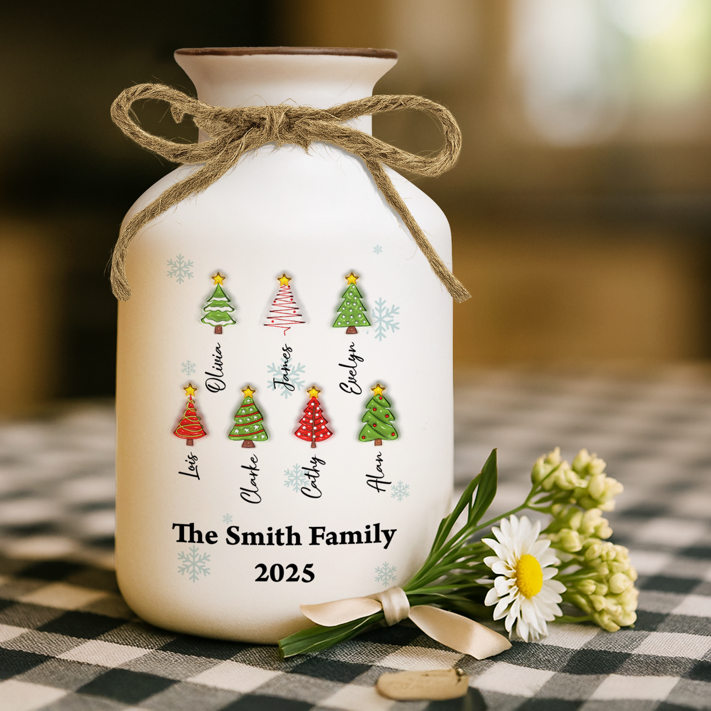 Personalized Family Christmas Tree Flower Vase: Elegant white ceramic vase with custom family name detail.