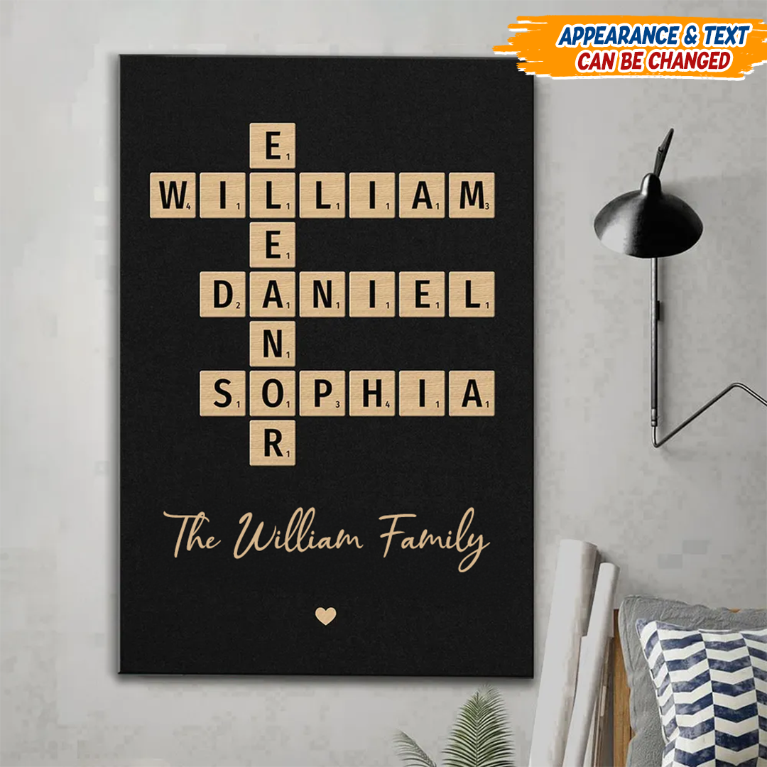 Personalized Family Crossword Art canvas print showing names interconnected in a crossword puzzle design.