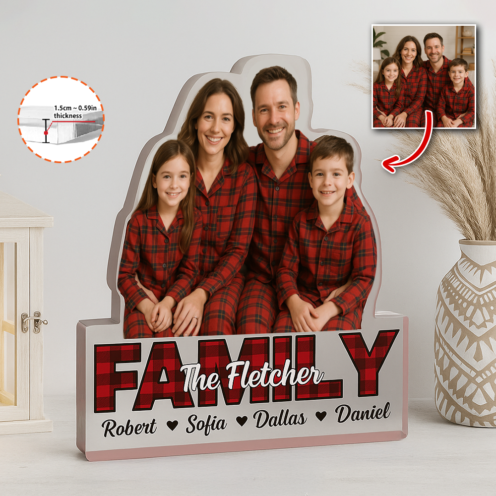 Custom family photo acrylic block plaque with personalized figures.