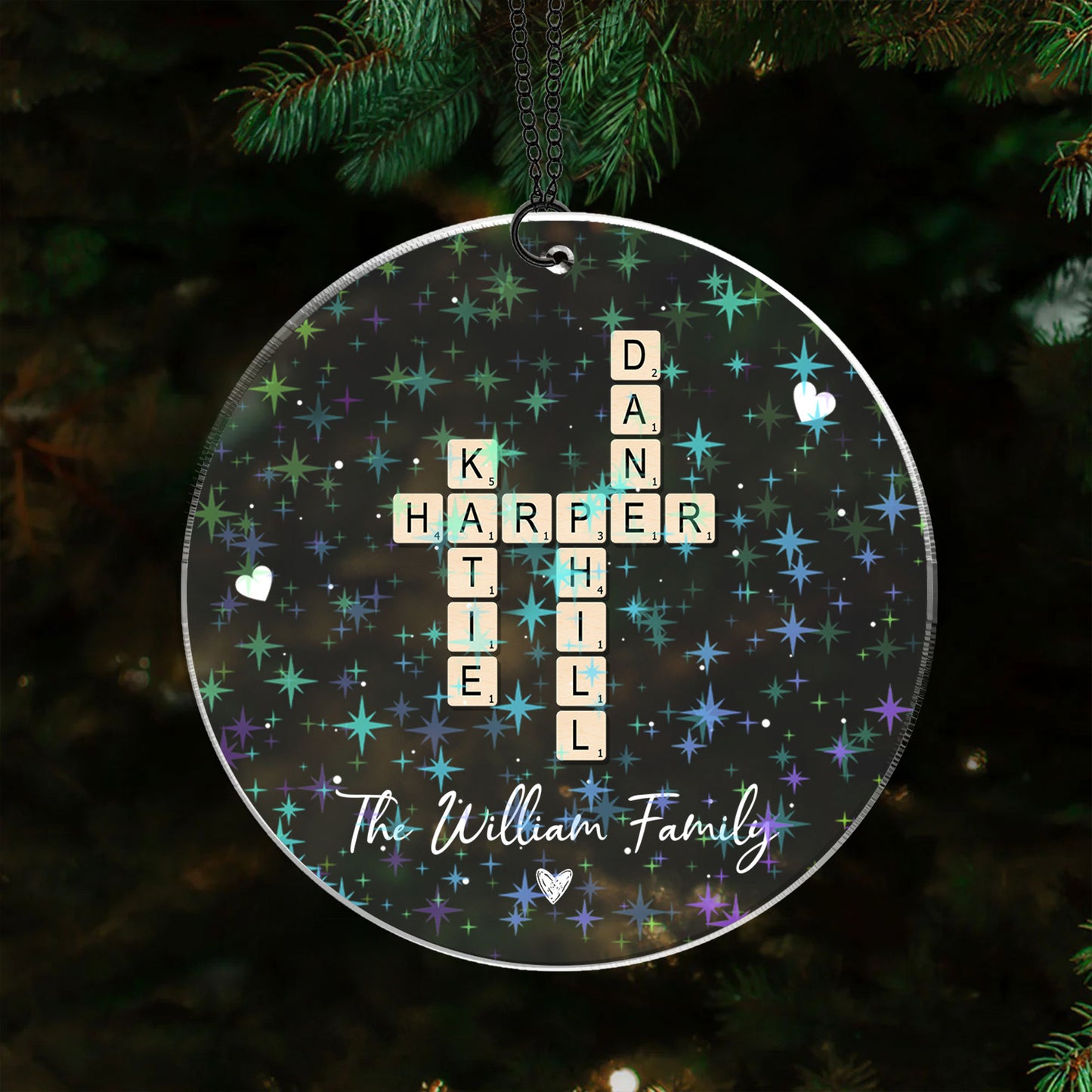 Custom family crossword puzzle ornament in a unique hologram shape.