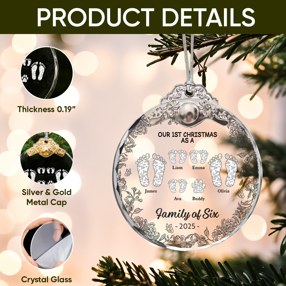First Christmas as a Family of Four Personalized Ornament with baby footprints.