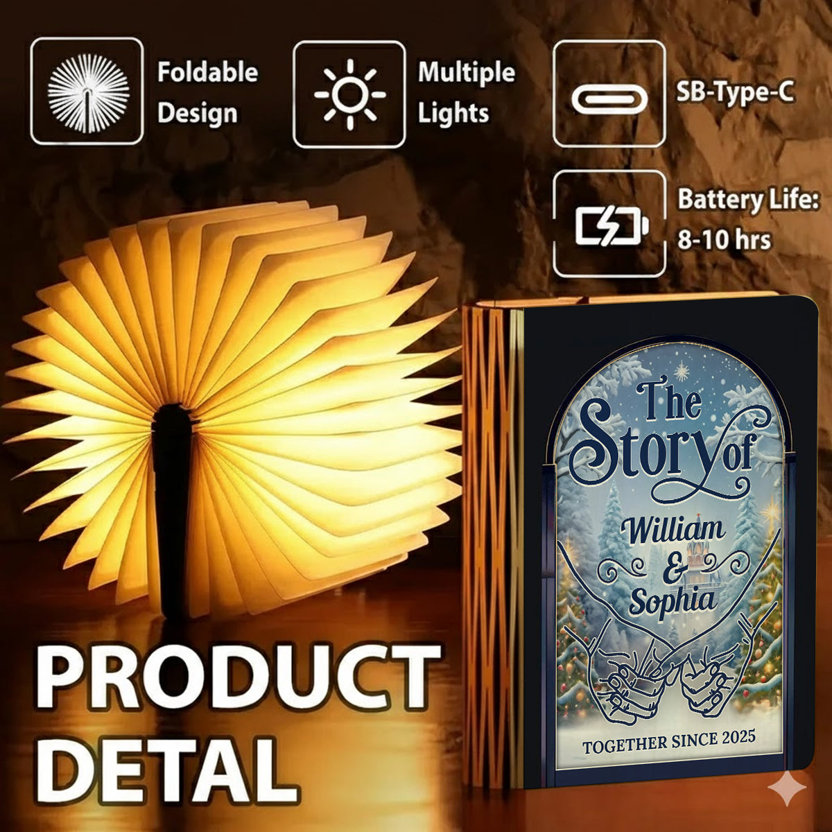 First Christmas as Mr. & Mrs. personalized book lamp, showcasing custom names and date on a warm, inviting light.