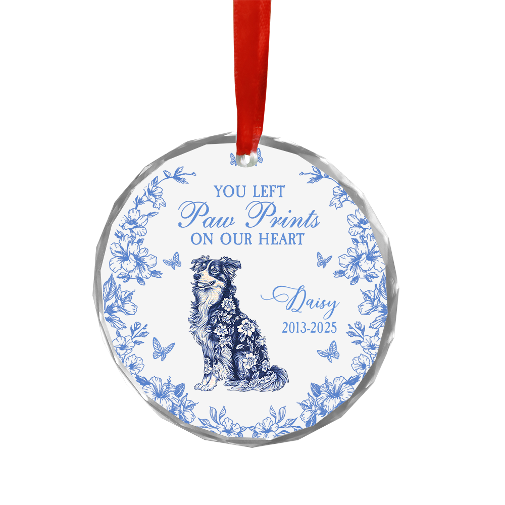 Personalized dog ornament with flower crown, custom glass memorial for pet loss.