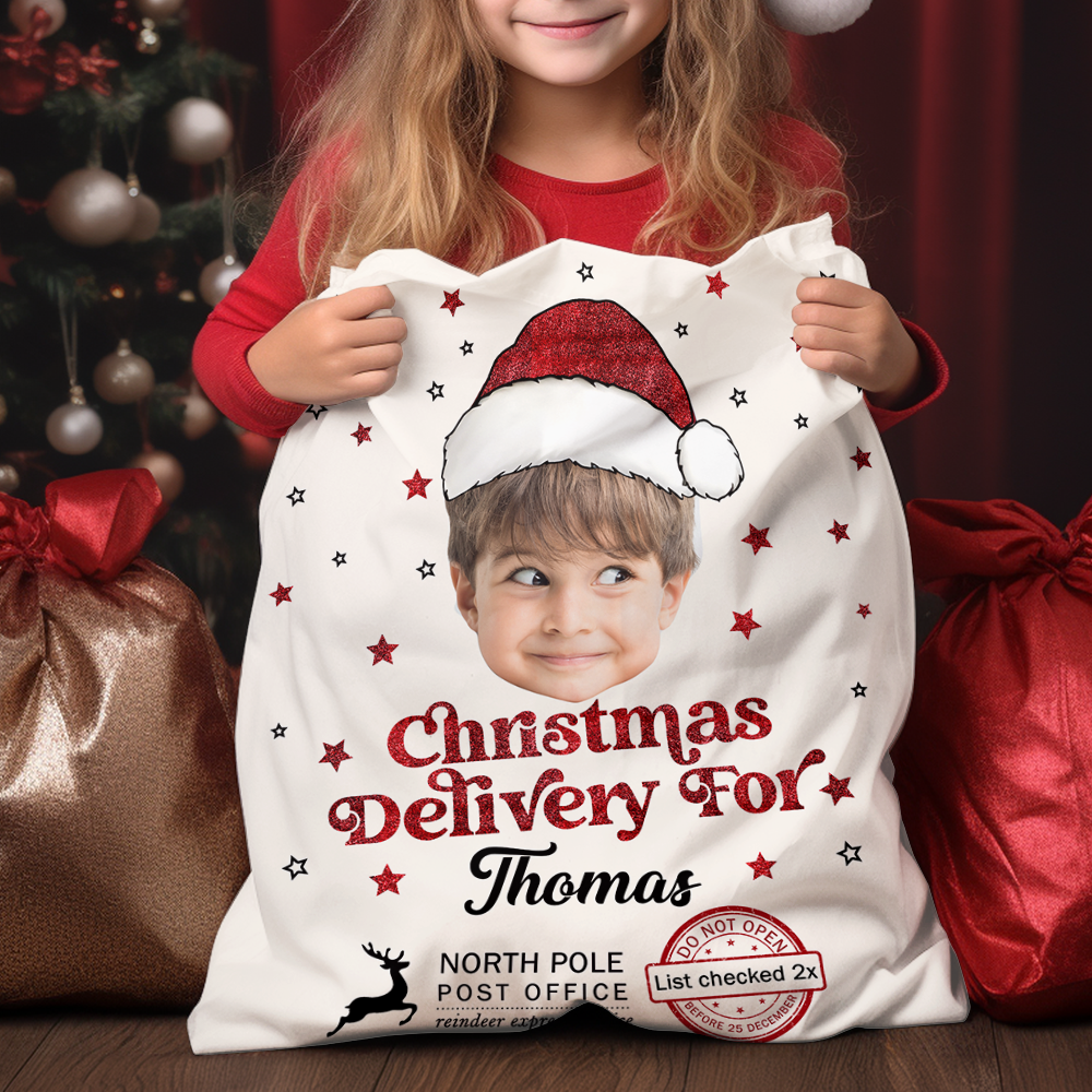 Funny Christmas bag with custom photo, a unique gift for family.
