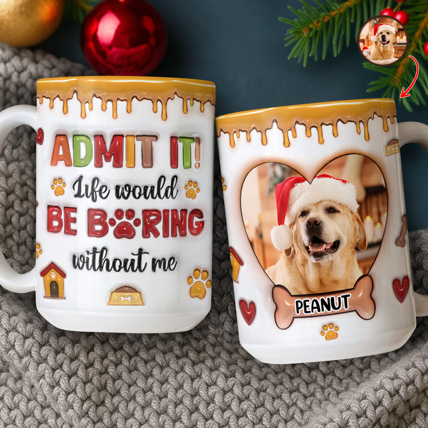 Funny custom pet photo mug with 3D effect.