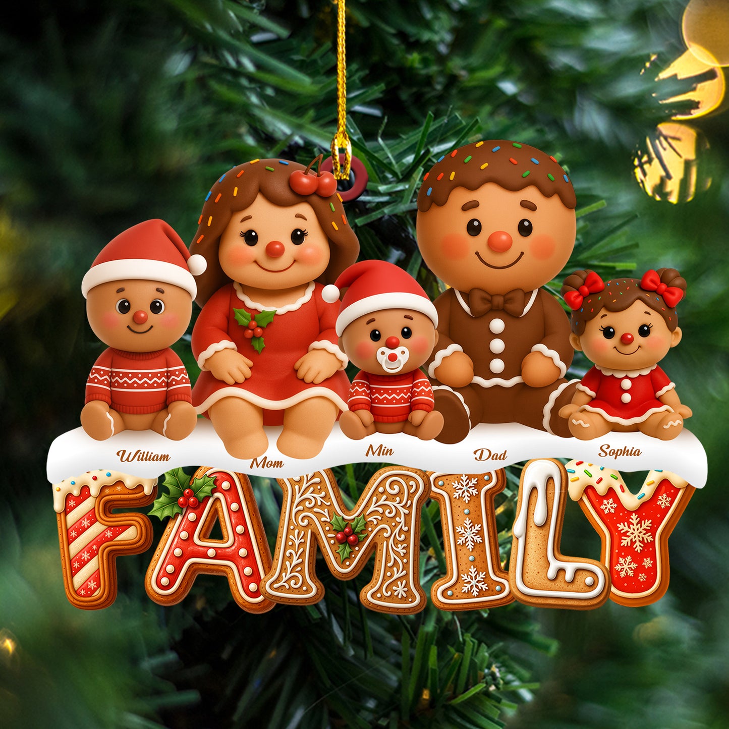 Custom Gingerbread Alphabet Family Christmas Ornament: Two-layered wood design with personalized letters.