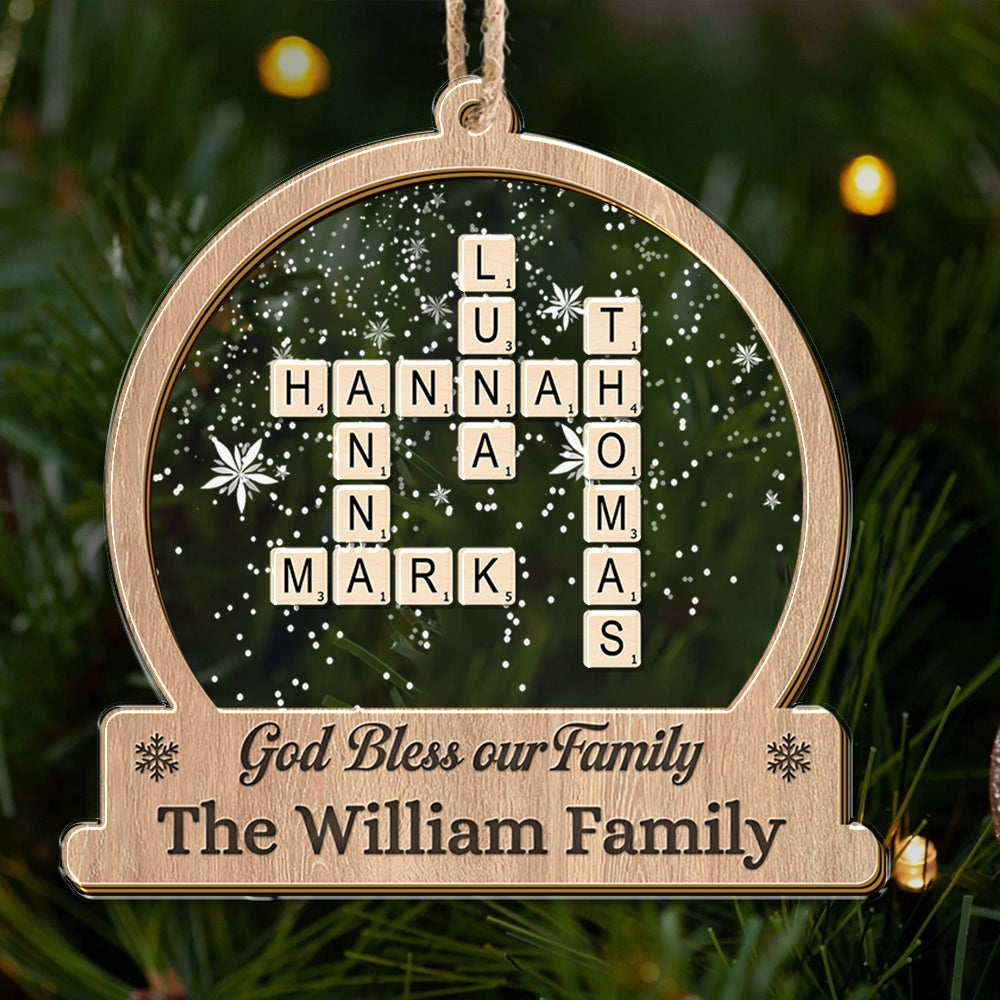 Personalized "God Bless Our Family" acrylic ornament, a unique family keepsake.