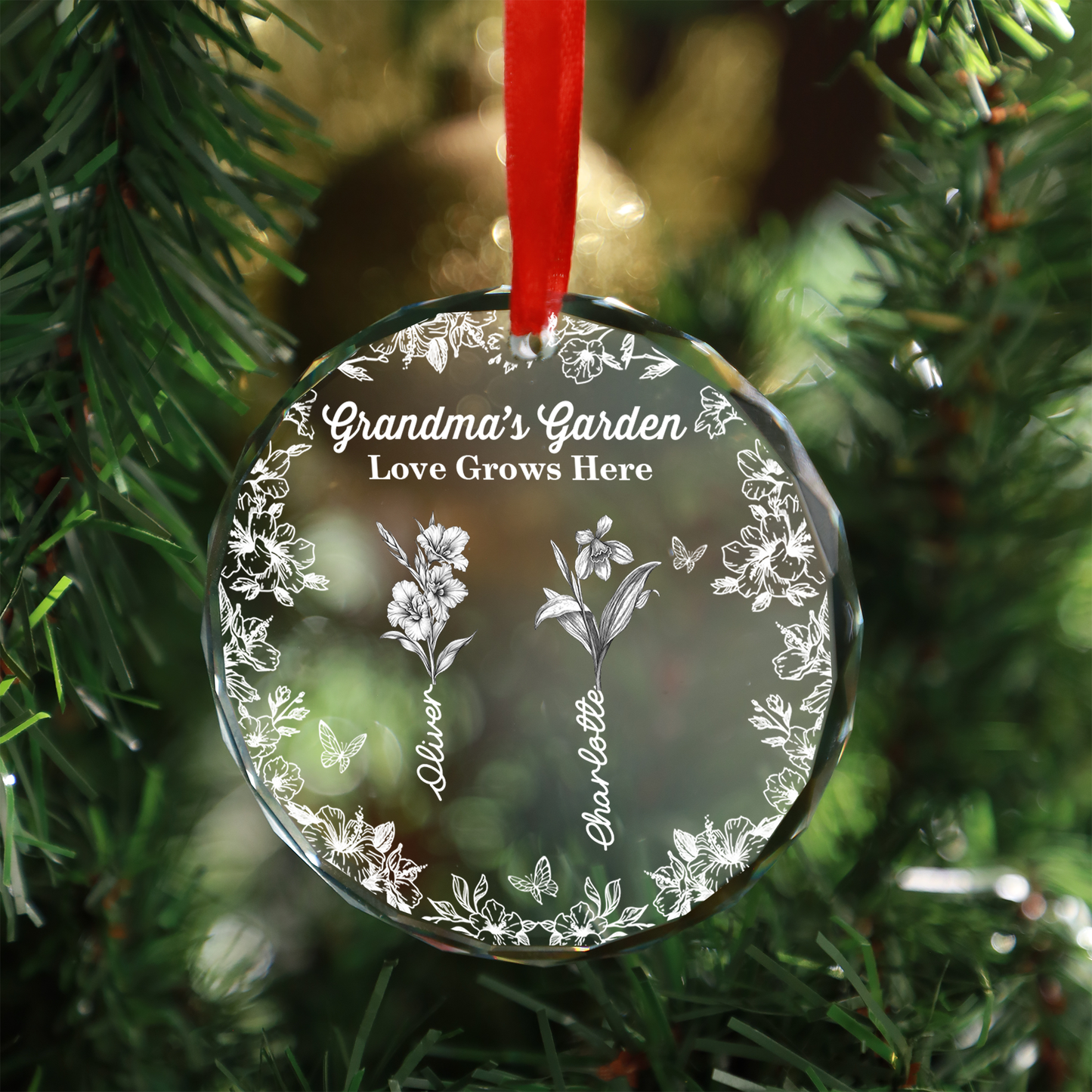 Grandma's Garden custom birth flower glass ornament. Personalized family keepsake.