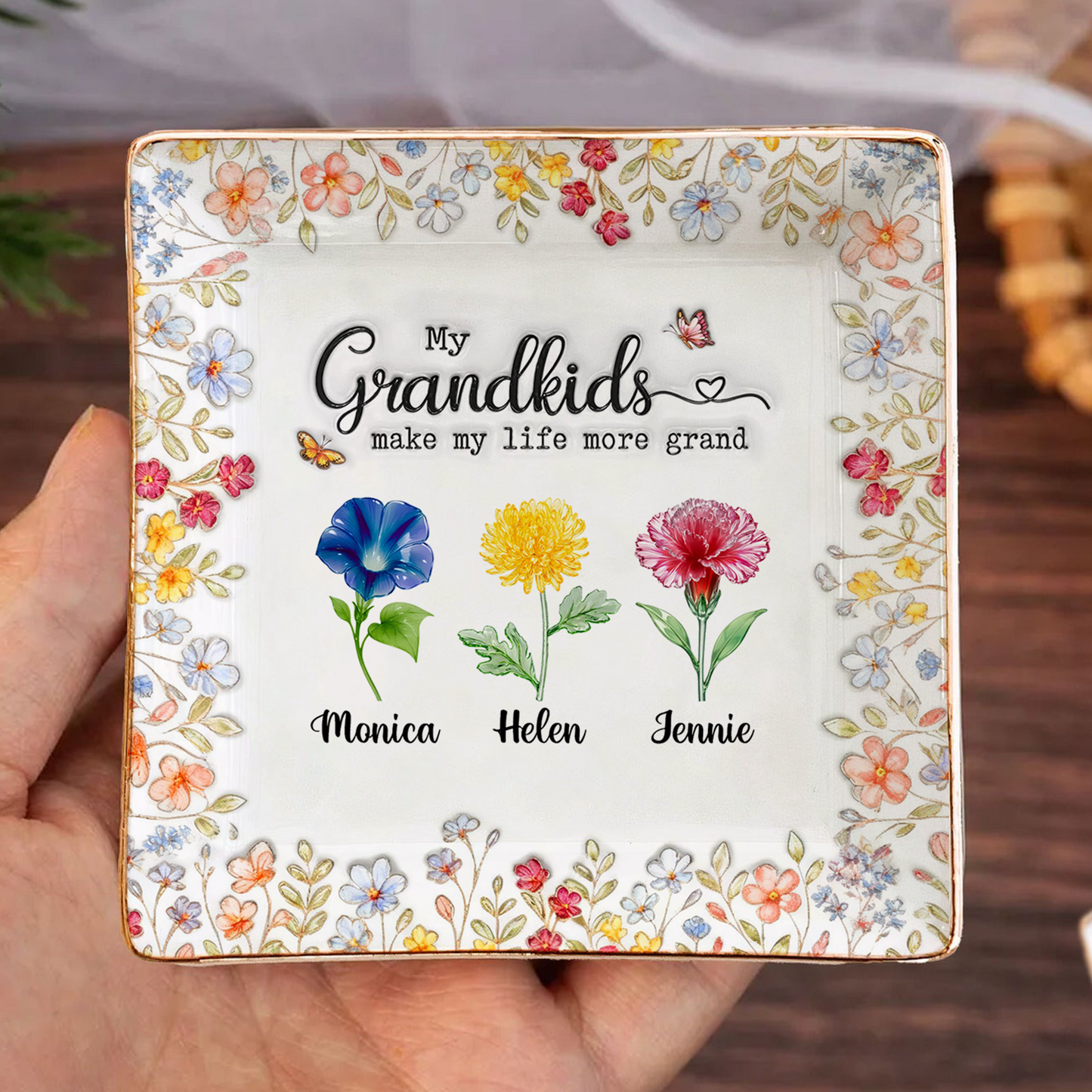 Grandma's Garden personalized ring dish - a sweet Mother's Day gift for jewelry.Grandma's Garden personalized ring dish - a sweet Mother's Day gift for jewelry.
