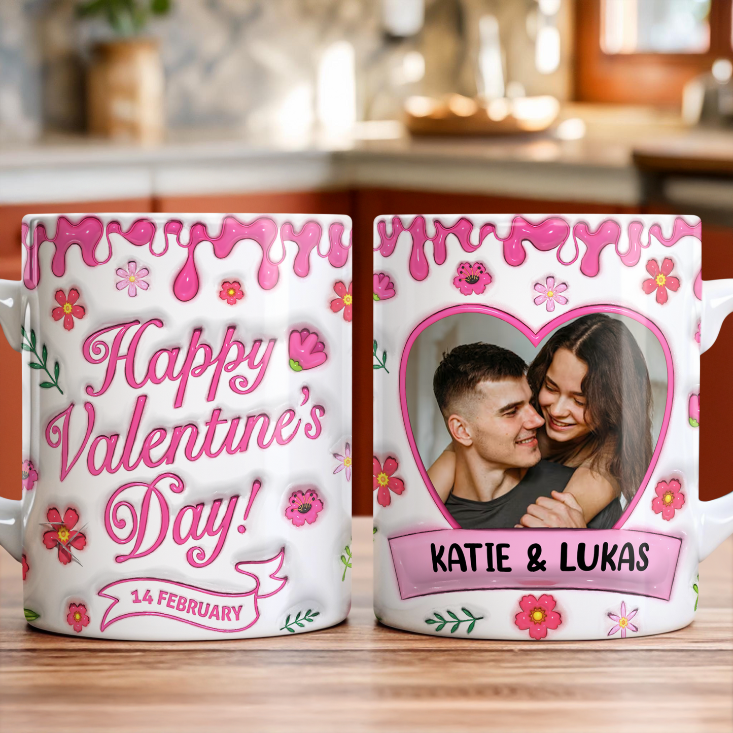 Happy Valentine's Day personalized coffee mug with 3D effect hearts and custom name.