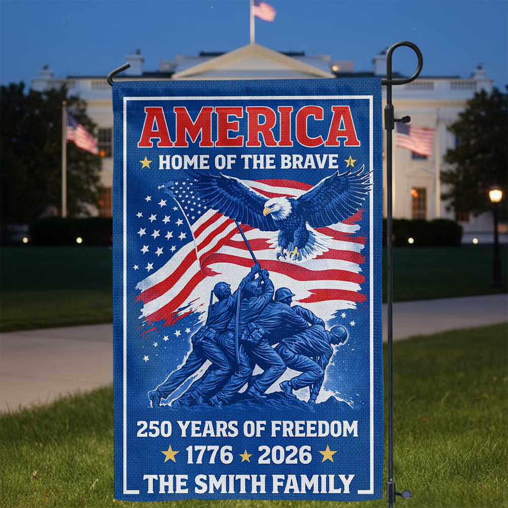 Home of the Brave personalized garden flag celebrating 250 years of America.
