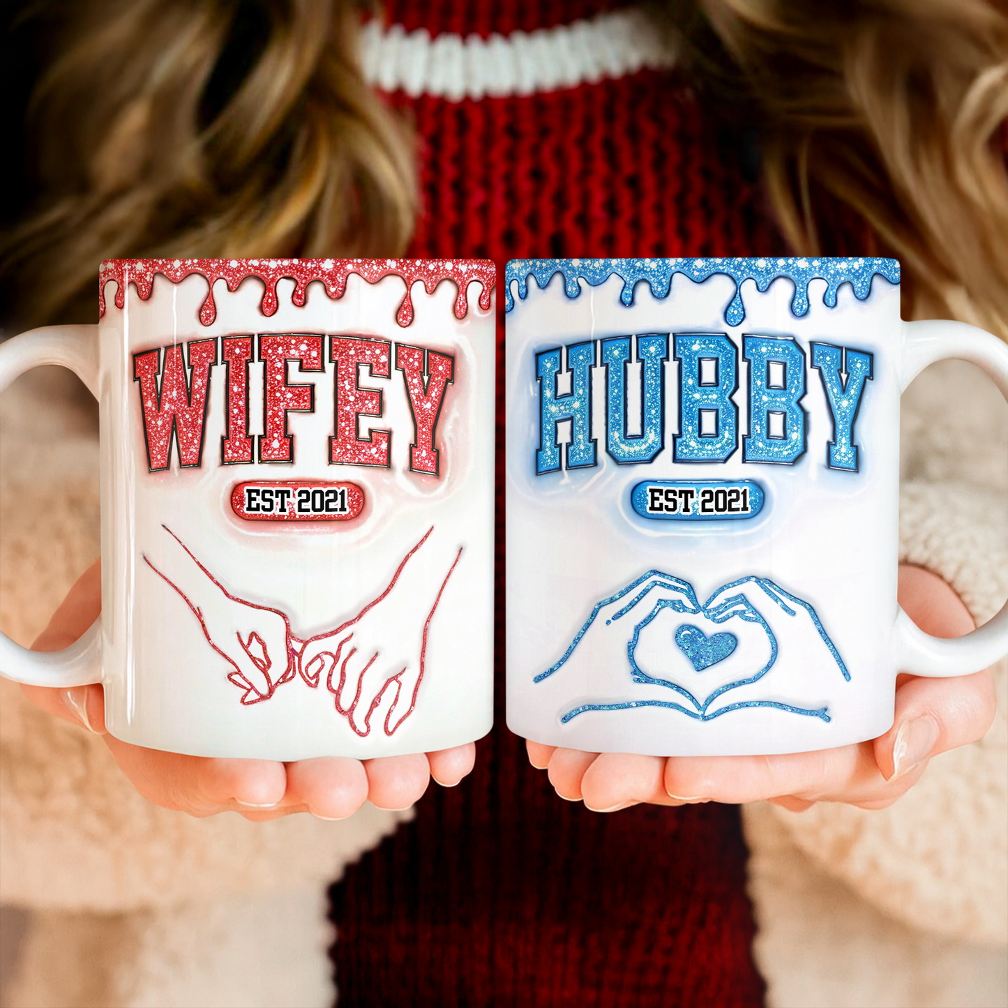 Hubby and Wifely Couple Mug. Personalized coffee mugs with a 3D effect.