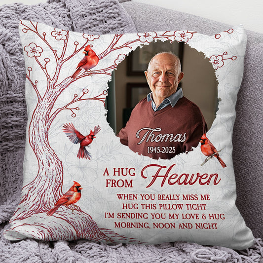 Personalized "Hug This Pillow" memorial gift with custom photo and text.