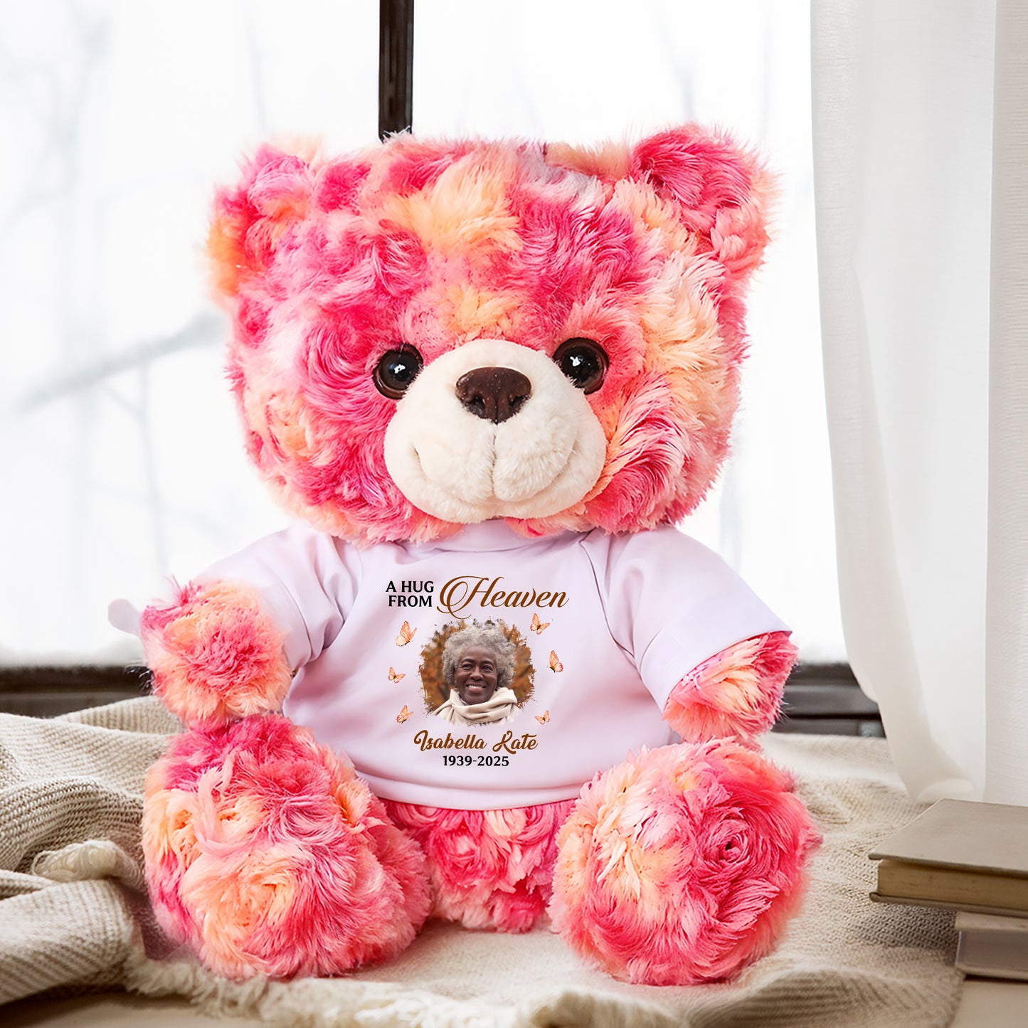 Personalized memorial teddy bear with "Hug This When You Miss Me" message.