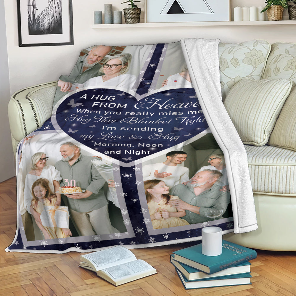 Hugs From Heaven Cardinals Memorial Blanket with snow scene; a personalized sympathy gift.