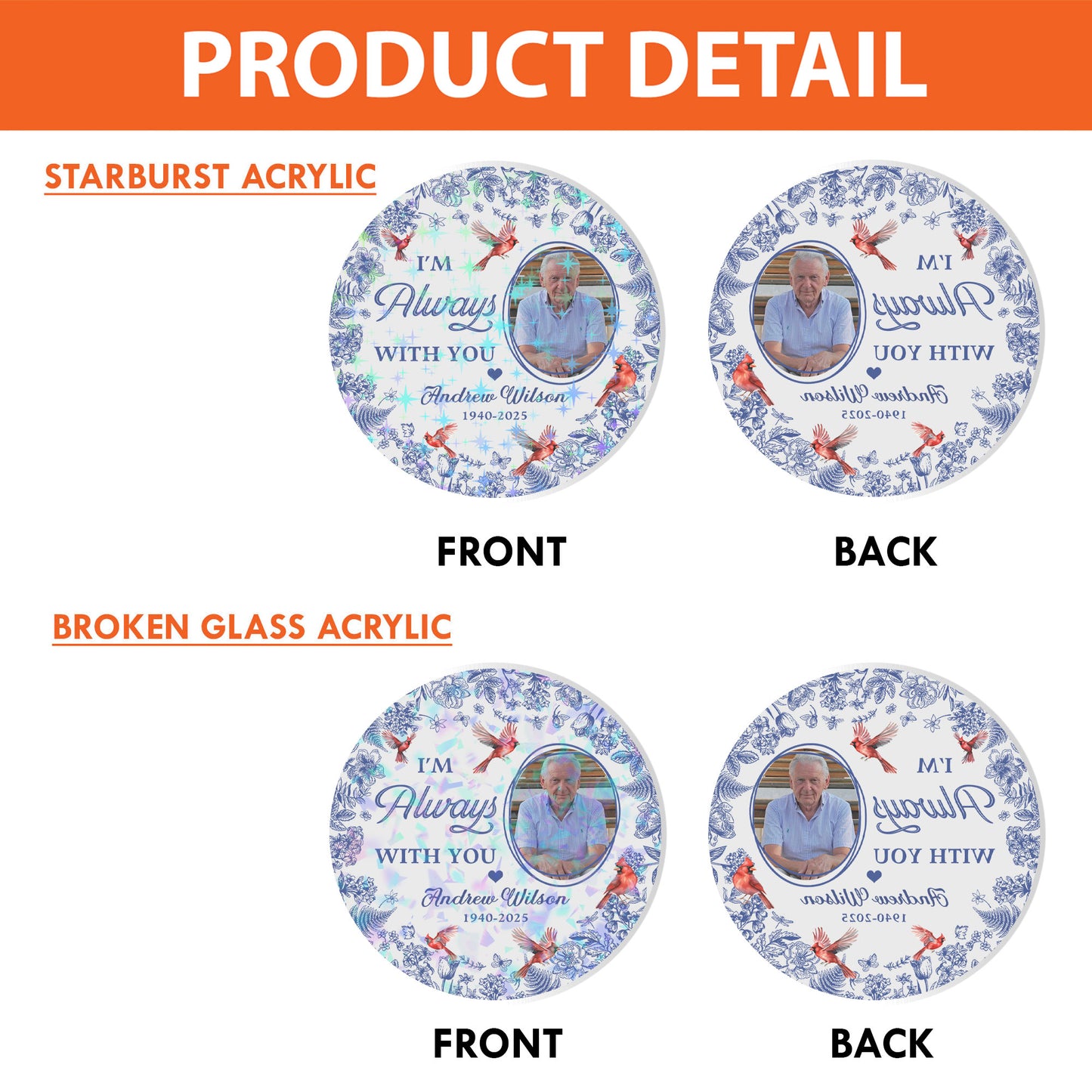 Custom shape hologram ornament with personalized photo and "I am always with you" message.